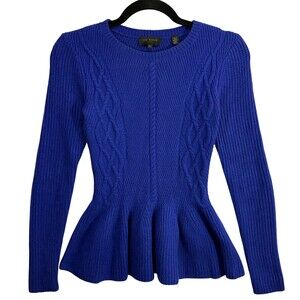 Ted Baker XS Cable Knit Peplum Sweater Royal Blue Fitted Waist Top Long Sleeve
